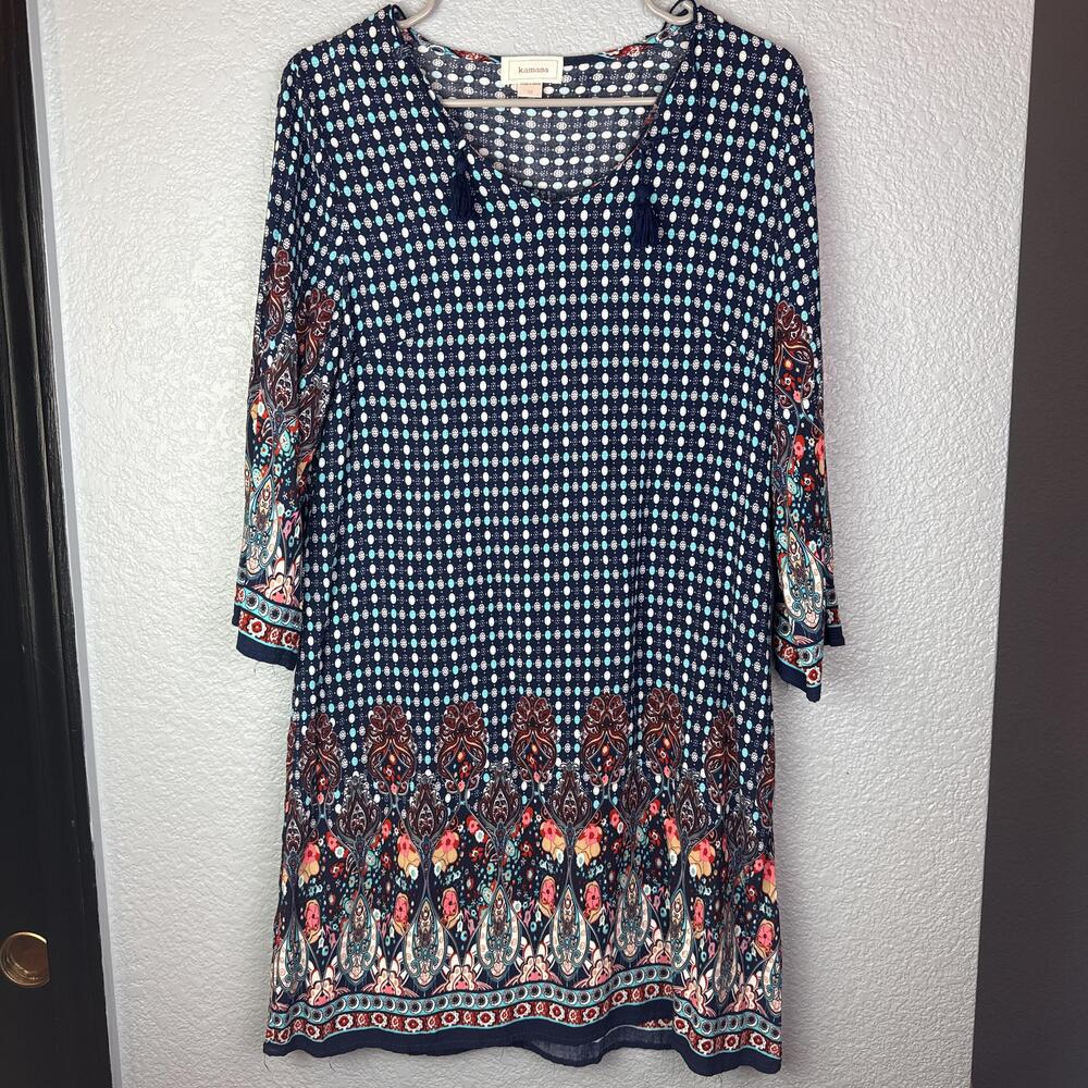 Kamana Dress Womens Medium Blue Polka Dot Boho Tassel Border Print Tunic